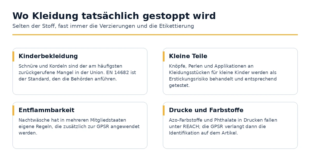 Die Teile eines Kleidungsstücks, die Rückrufe und Grenzkontrollen in der Union auslösen.