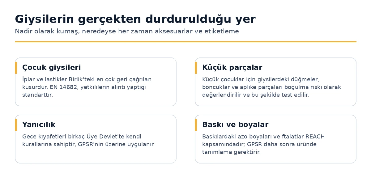 Bir giysinin geri çağrılara ve Birlik'teki sınır durdurmalarına neden olan parçaları.