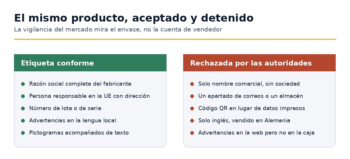 Etiquetas GPSR conformes y rechazadas comparadas elemento por elemento