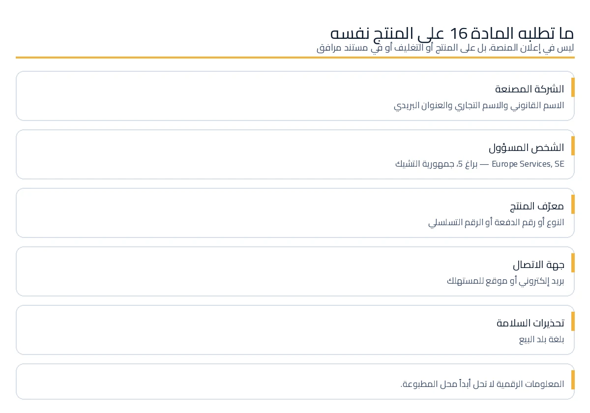 الكتل الخمس من المعلومات الإلزامية التي تتطلبها المادة 16 من GPSR على منتج استهلاكي