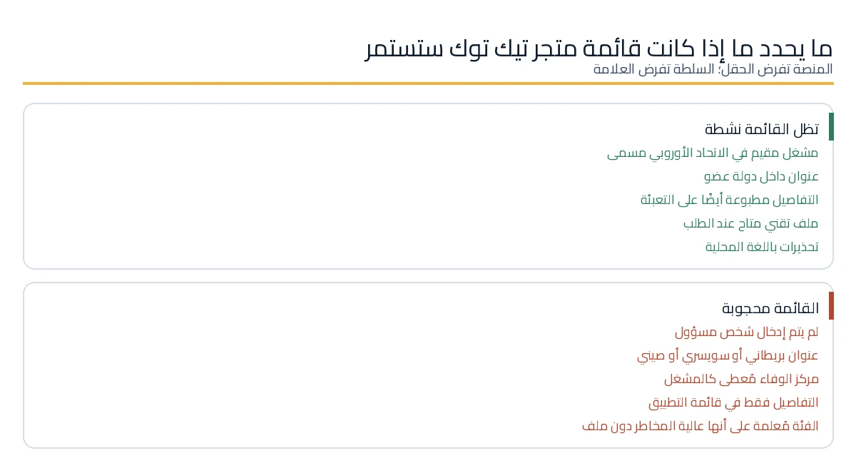 الشروط التي تبقى بموجبها قائمة تيك توك شوب نشطة أو يتم إخفاؤها بموجب GPSR
