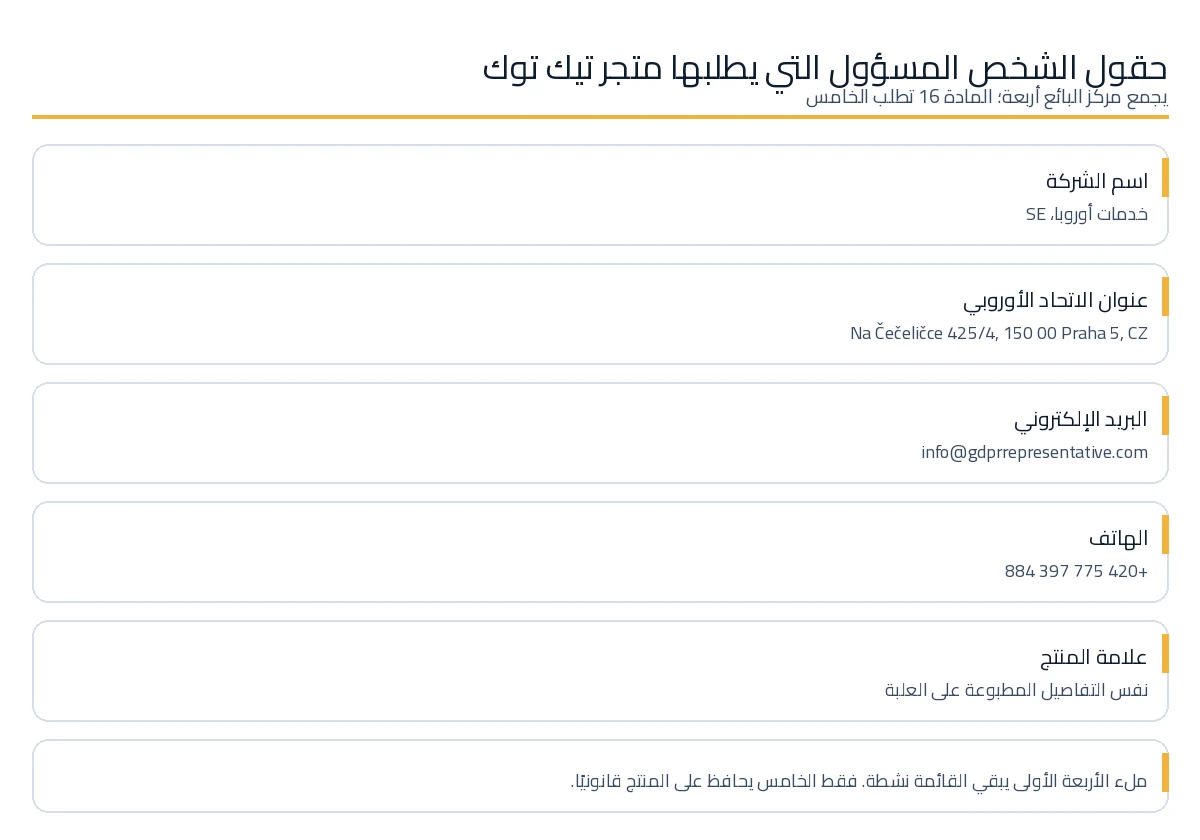 تفاصيل الشخص المسؤول التي تجمعها تيك توك شوب مركز البائع بموجب المادة 16 GPSR