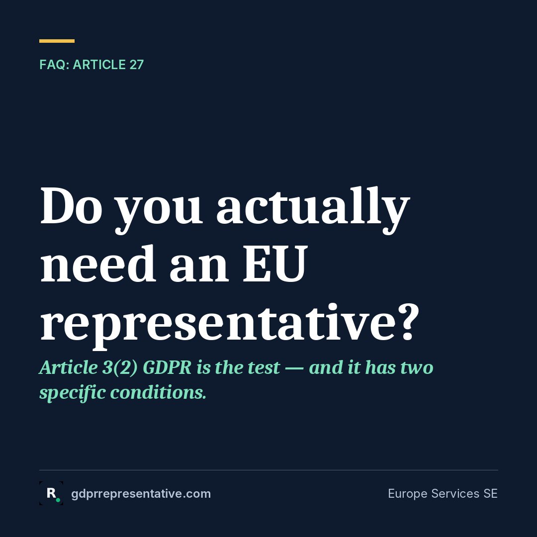 Square graphic with editorial layout: bold question 'Do you actually need an EU representative?' over a muted background, with a concise two-condition checklist below